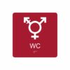 Röd och vit skylt för wc med piktogram som symboliserar könsneutral toalett, texten wc står under symbolen och punktskrift längst ned