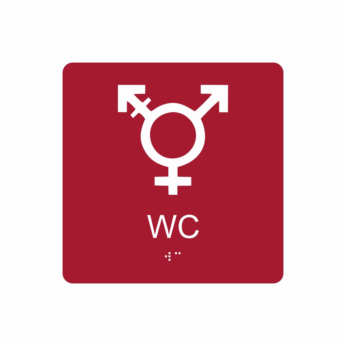 Röd och vit skylt för wc med piktogram som symboliserar könsneutral toalett, texten wc står under symbolen och punktskrift längst ned