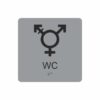 Silvergrå och svart skylt för wc med piktogram som symboliserar könsneutral toalett, texten wc står under symbolen och punktskrift längst ned