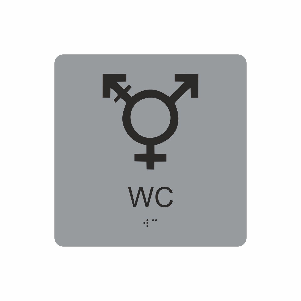 Silvergrå och svart skylt för wc med piktogram som symboliserar könsneutral toalett, texten wc står under symbolen och punktskrift längst ned