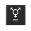 Svart och vit skylt för wc i storlek 150 x 150 mm med en tunn aluminiumram, med piktogram som symboliserar könsneutral toalett, texten wc står under symbolen och punktskrift längst ned