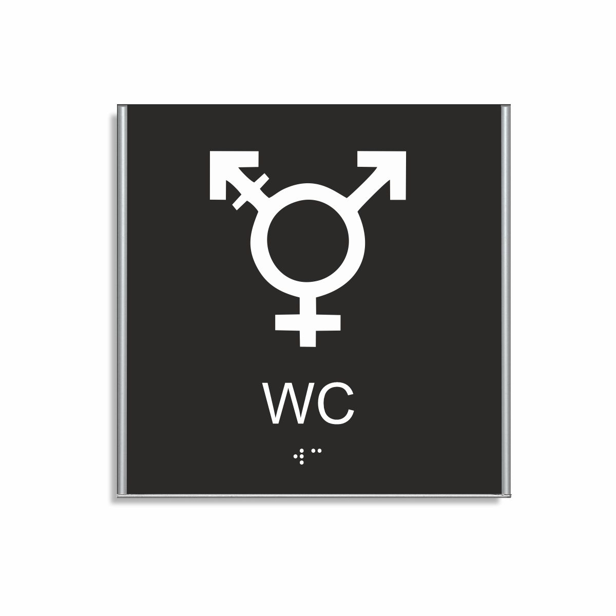 Svart och vit skylt för wc i storlek 150 x 150 mm med en tunn aluminiumram, med piktogram som symboliserar könsneutral toalett, texten wc står under symbolen och punktskrift längst ned