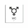 Vit och svart skylt för wc i storlek 150 x 150 mm med en tunn aluminiumram, med piktogram som symboliserar könsneutral toalett, texten wc står under symbolen och punktskrift längst ned