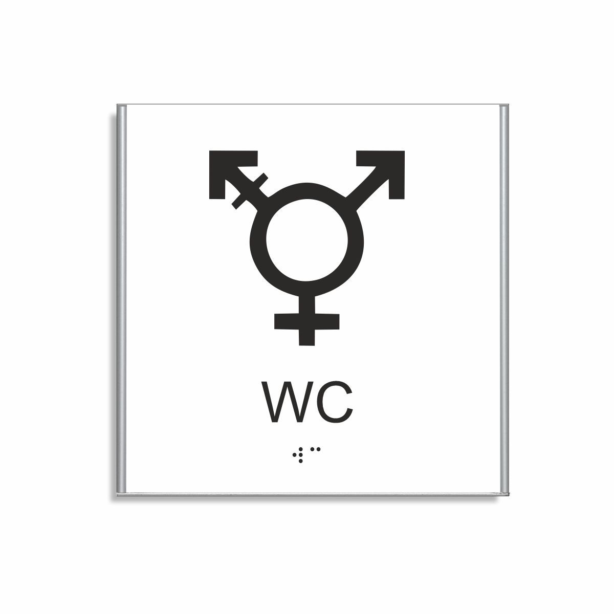 Vit och svart skylt för wc i storlek 150 x 150 mm med en tunn aluminiumram, med piktogram som symboliserar könsneutral toalett, texten wc står under symbolen och punktskrift längst ned