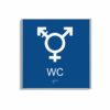 Blå och vit skylt för wc i storlek 150 x 150 mm med en tunn aluminiumram, med piktogram som symboliserar könsneutral toalett, texten wc står under symbolen och punktskrift längst ned