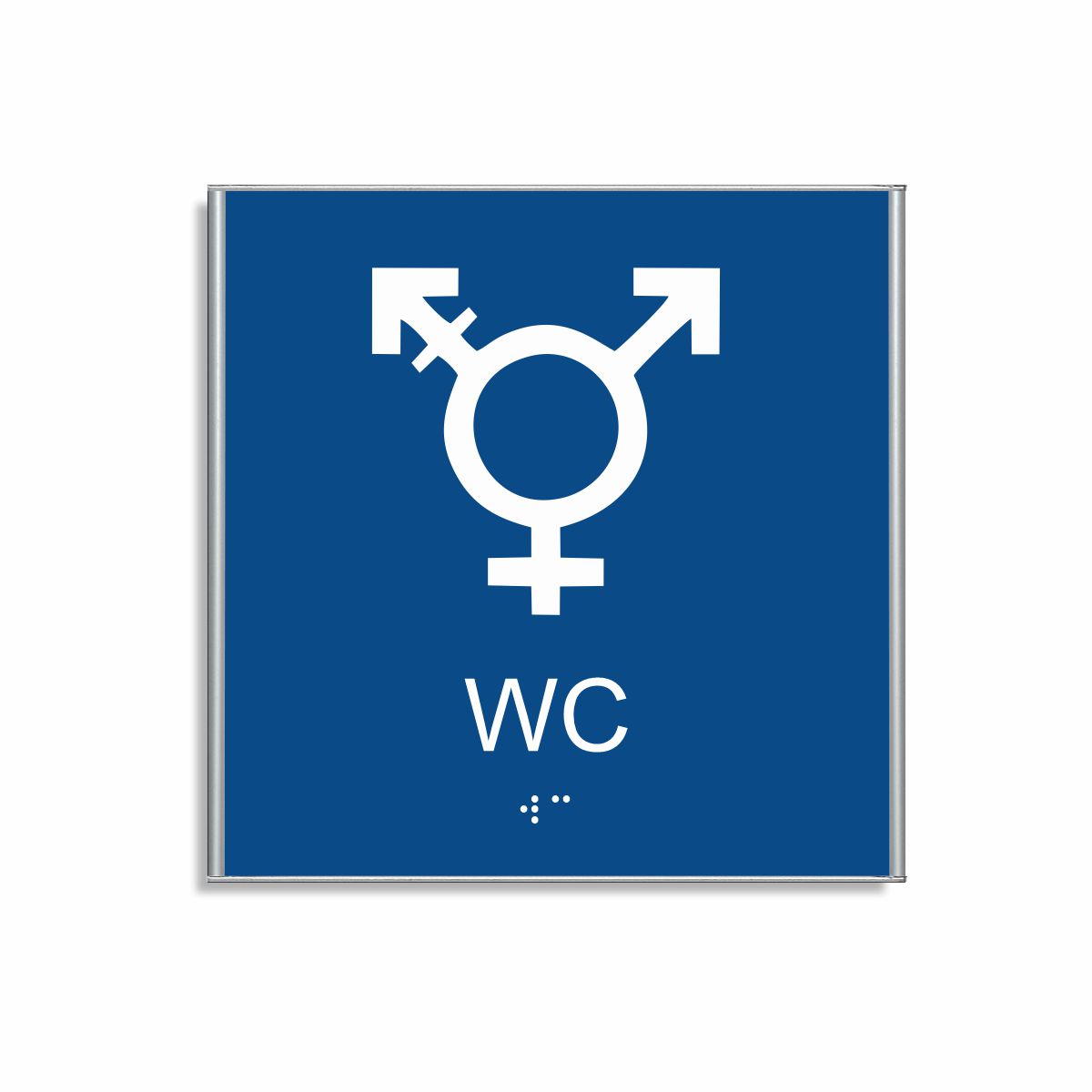 Blå och vit skylt för wc i storlek 150 x 150 mm med en tunn aluminiumram, med piktogram som symboliserar könsneutral toalett, texten wc står under symbolen och punktskrift längst ned