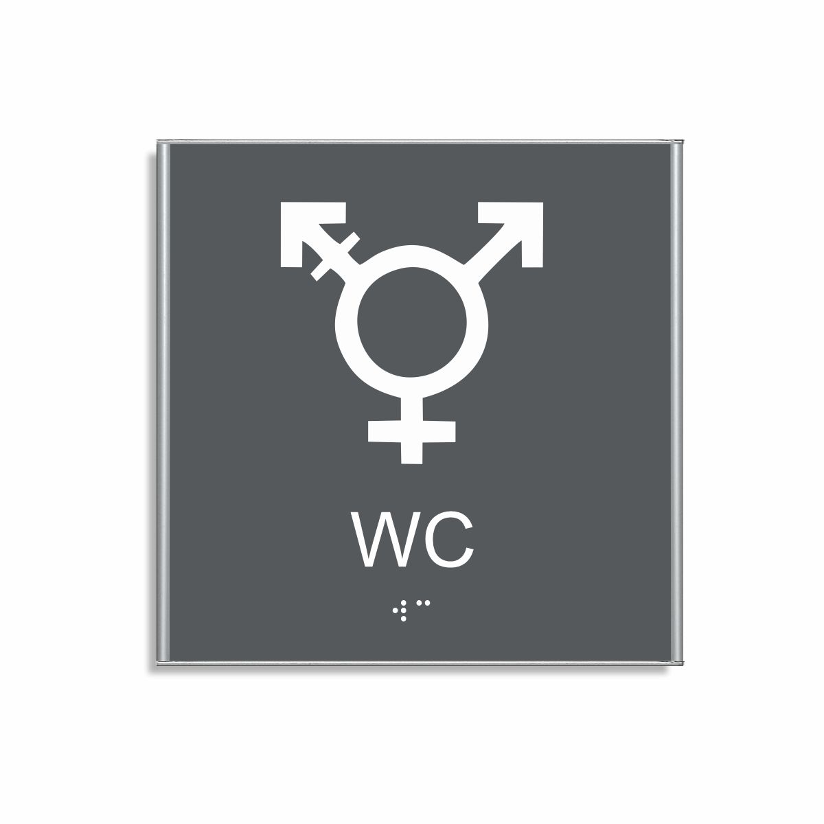 Charcoal grå och vit skylt för wc i storlek 150 x 150 mm med en tunn aluminiumram, med piktogram som symboliserar könsneutral toalett, texten wc står under symbolen och punktskrift längst ned