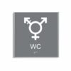 Grå och vit skylt för wc i storlek 150 x 150 mm med en tunn aluminiumram, med piktogram som symboliserar könsneutral toalett, texten wc står under symbolen och punktskrift längst ned