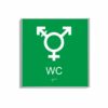 Grön och vit skylt för wc i storlek 150 x 150 mm med en tunn aluminiumram, med piktogram som symboliserar könsneutral toalett, texten wc står under symbolen och punktskrift längst ned