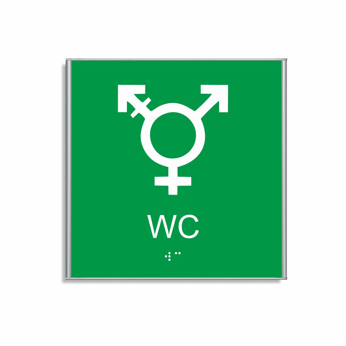 Grön och vit skylt för wc i storlek 150 x 150 mm med en tunn aluminiumram, med piktogram som symboliserar könsneutral toalett, texten wc står under symbolen och punktskrift längst ned