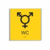 Gul och svart skylt för wc i storlek 150 x 150 mm med en tunn aluminiumram, med piktogram som symboliserar könsneutral toalett, texten wc står under symbolen och punktskrift längst ned