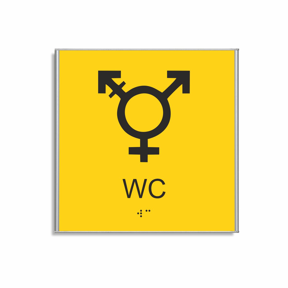Gul och svart skylt för wc i storlek 150 x 150 mm med en tunn aluminiumram, med piktogram som symboliserar könsneutral toalett, texten wc står under symbolen och punktskrift längst ned