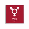 Röd och vit skylt för wc i storlek 150 x 150 mm med en tunn aluminiumram, med piktogram som symboliserar könsneutral toalett, texten wc står under symbolen och punktskrift längst ned