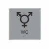 Silvergrå och svart skylt för wc i storlek 150 x 150 mm med en tunn aluminiumram, med piktogram som symboliserar könsneutral toalett, texten wc står under symbolen och punktskrift längst ned
