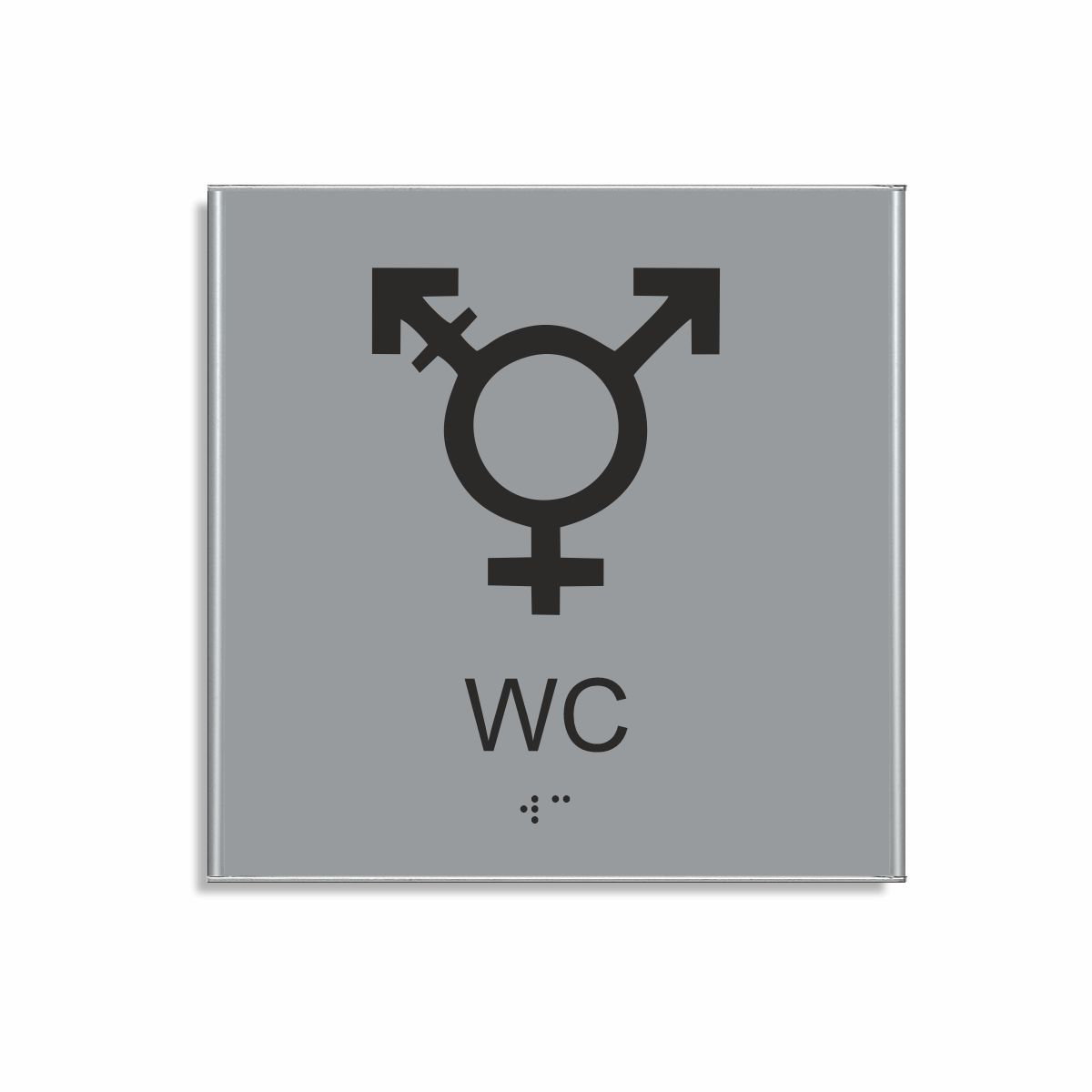 Silvergrå och svart skylt för wc i storlek 150 x 150 mm med en tunn aluminiumram, med piktogram som symboliserar könsneutral toalett, texten wc står under symbolen och punktskrift längst ned