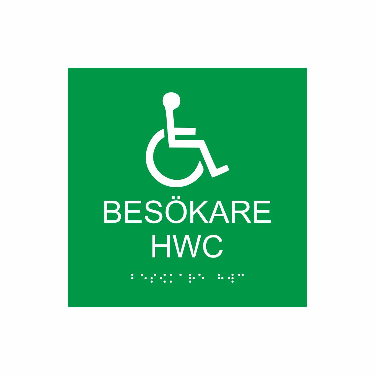 Grön och vit toalettskylt för besökare hwc med piktogram av en rullstol, texten besökare hwc står under symbolen och punktskrift längst ned