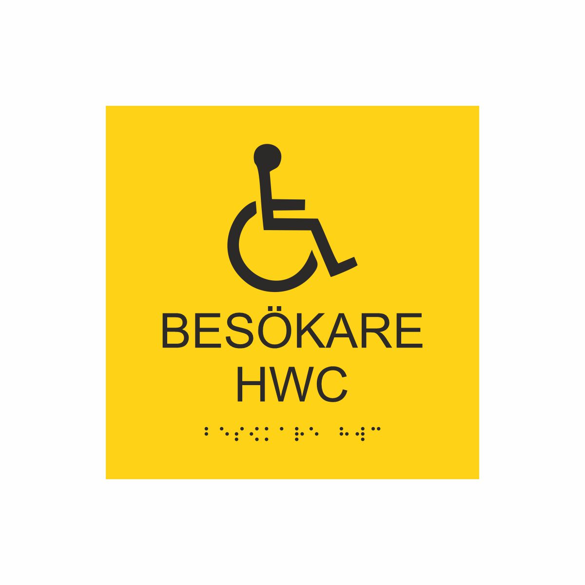 Gul och svart toalettskylt för besökare hwc med piktogram av en rullstol, texten besökare hwc står under symbolen och punktskrift längst ned