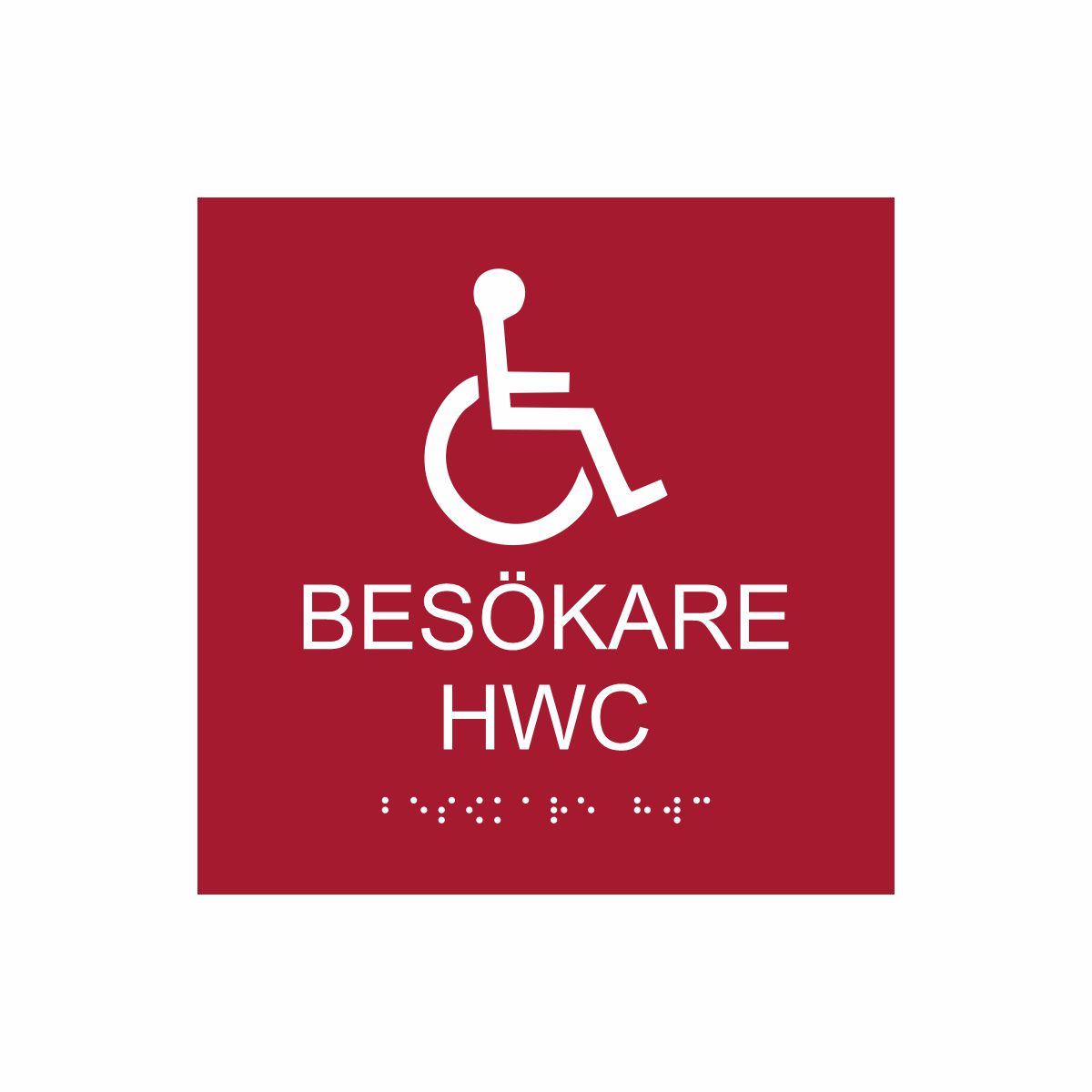 Röd och vit toalettskylt för besökare hwc med piktogram av en rullstol, texten besökare hwc står under symbolen och punktskrift längst ned