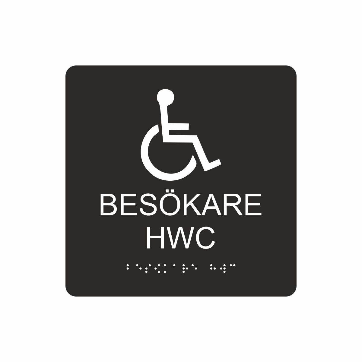 Svart och vit toalettskylt för besökare hwc med piktogram av en rullstol, texten besökare hwc står under symbolen och punktskrift längst ned