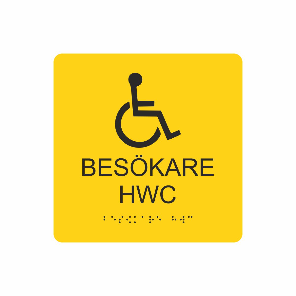 Gul och svart toalettskylt för besökare hwc med piktogram av en rullstol, texten besökare hwc står under symbolen och punktskrift längst ned