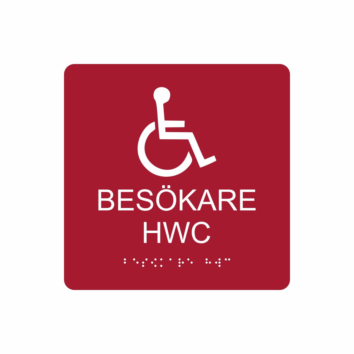 Röd och vit toalettskylt för besökare hwc med piktogram av en rullstol, texten besökare hwc står under symbolen och punktskrift längst ned