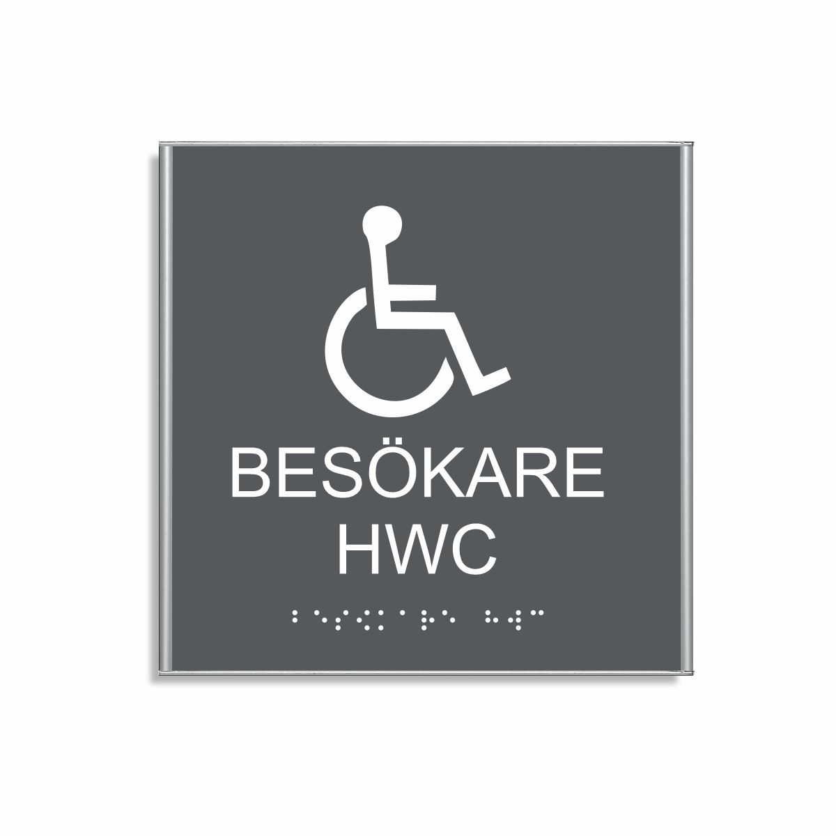 Charcoal grå och vit toalettskylt för besökare hwc i storlek 150 x 150 mm med en tunn aluminiumram, med piktogram av en rullstol, texten besökare hwc står under symbolen och punktskrift längst ned