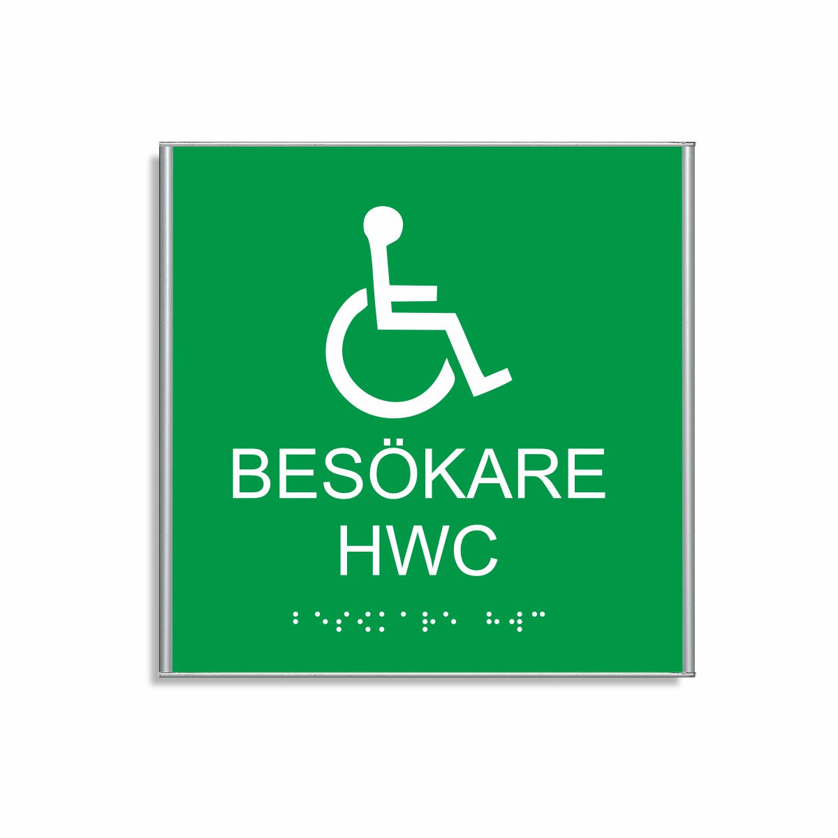 Grön och vit toalettskylt för besökare hwc i storlek 150 x 150 mm med en tunn aluminiumram, med piktogram av en rullstol, texten besökare hwc står under symbolen och punktskrift längst ned