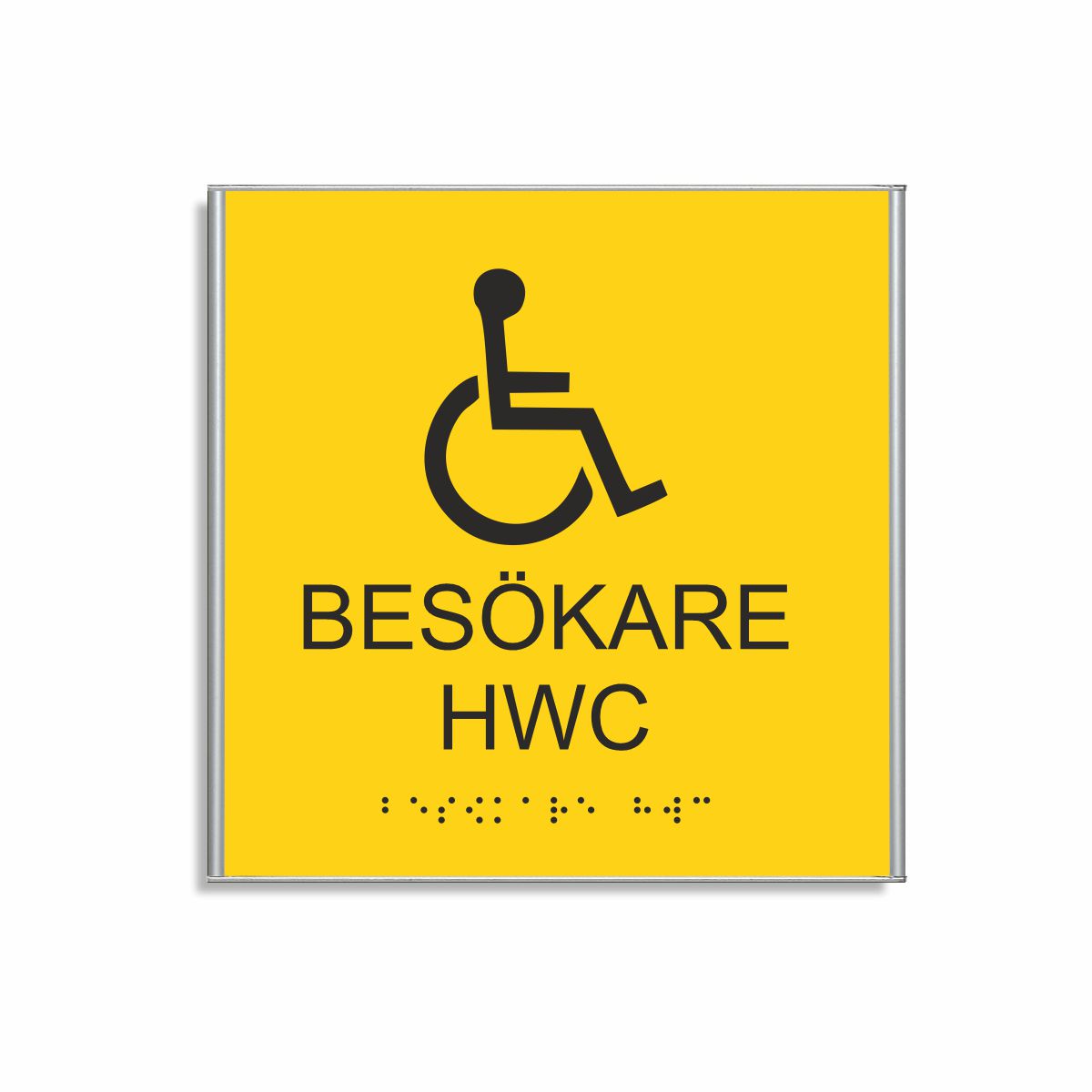 Gul och svart toalettskylt för besökare hwc i storlek 150 x 150 mm med en tunn aluminiumram, med piktogram av en rullstol, texten besökare hwc står under symbolen och punktskrift längst ned