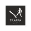 Svart och vit skylt för trappa med piktogram av en person som går uppför en trappa, texten trappa står under symbolen och punktskrift längst ned