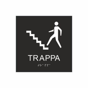 Svart och vit skylt för trappa med piktogram av en person som går uppför en trappa, texten trappa står under symbolen och punktskrift längst ned