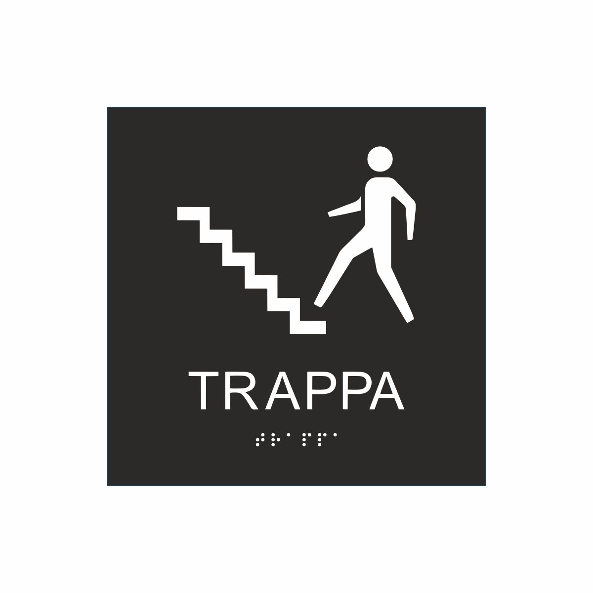 Svart och vit skylt för trappa med piktogram av en person som går uppför en trappa, texten trappa står under symbolen och punktskrift längst ned