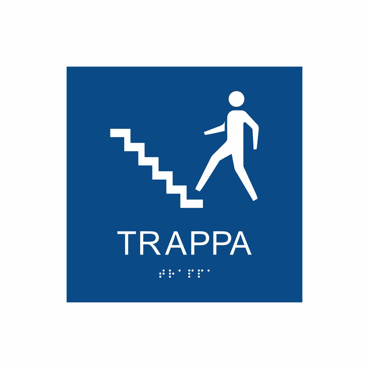 Blå och vit skylt för trappa med piktogram av en person som går uppför en trappa, texten trappa  står under symbolen och punktskrift längst ned