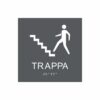 Charcoalgrå och vit skylt för trappa med piktogram av en person som går uppför en trappa, texten trappa  står under symbolen och punktskrift längst ned