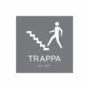 Grå och vit skylt för trappa med piktogram av en person som går uppför en trappa, texten trappa står under symbolen och punktskrift längst ned