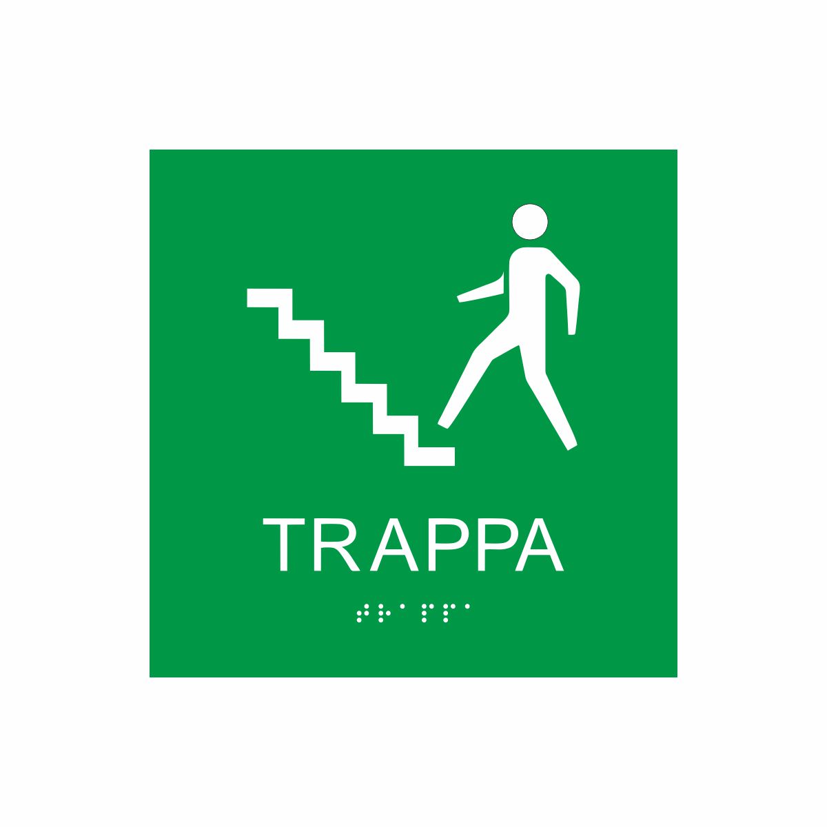 Grön och vit skylt för trappa med piktogram av en person som går uppför en trappa, texten trappa står under symbolen och punktskrift längst ned