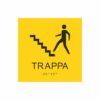 Gul och svart skylt för trappa med piktogram av en person som går uppför en trappa, texten trappa står under symbolen och punktskrift längst ned
