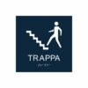Mörkblå och vit skylt för trappa med piktogram av en person som går uppför en trappa, texten trappa står under symbolen och punktskrift längst ned