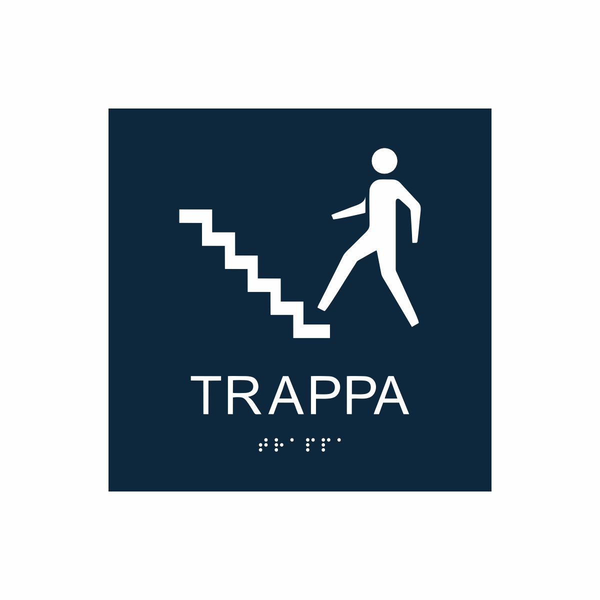 Mörkblå och vit skylt för trappa med piktogram av en person som går uppför en trappa, texten trappa står under symbolen och punktskrift längst ned