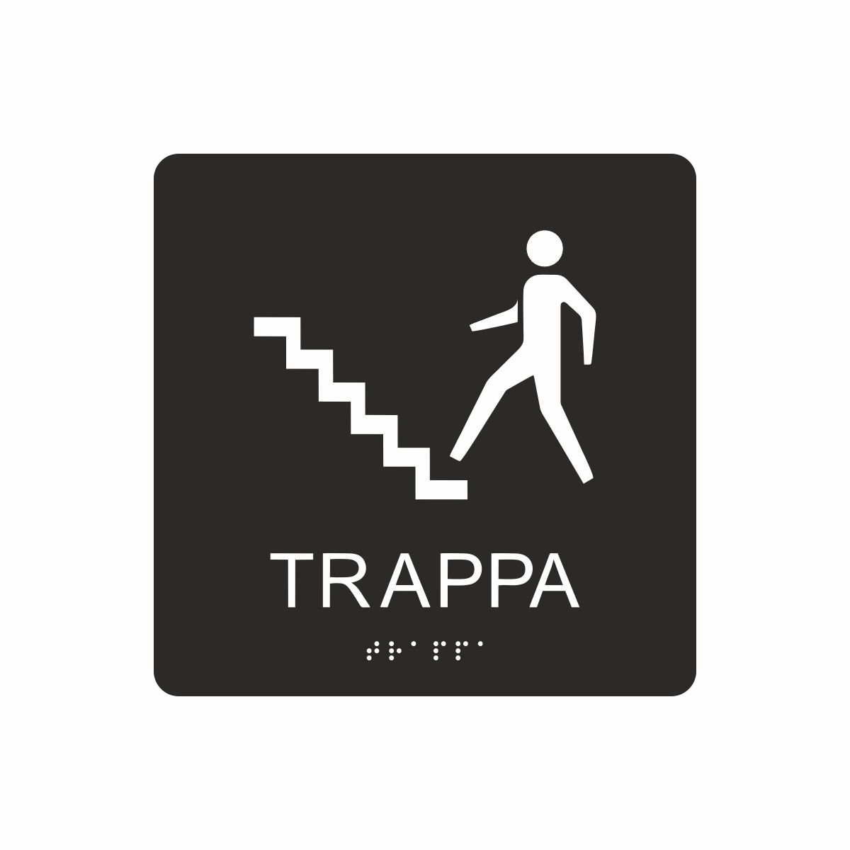 Svart och vit skylt för trappa med piktogram av en person som går uppför en trappa, texten trappa står under symbolen och punktskrift längst ned