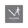 Grå och vit skylt för trappa med piktogram av en person som går uppför en trappa, texten trappa står under symbolen och punktskrift längst ned