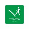 Grön och vit skylt för trappa med piktogram av en person som går uppför en trappa, texten trappa står under symbolen och punktskrift längst ned