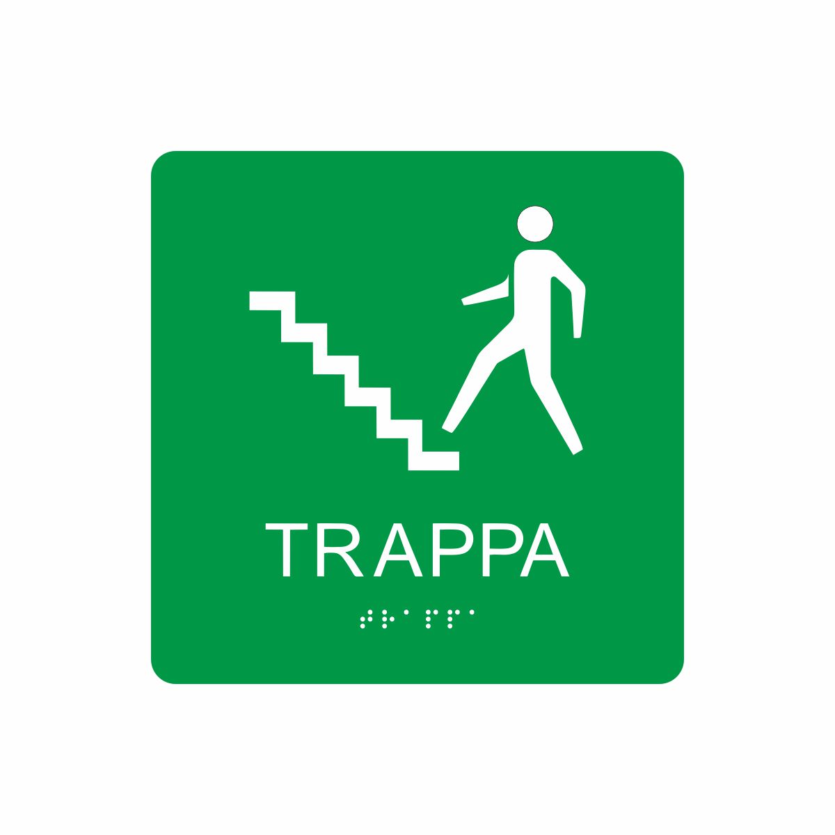 Grön och vit skylt för trappa med piktogram av en person som går uppför en trappa, texten trappa står under symbolen och punktskrift längst ned