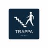 Mörkblå och vit skylt för trappa med piktogram av en person som går uppför en trappa, texten trappa står under symbolen och punktskrift längst ned