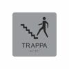 Silvergrå och svart skylt för trappa med piktogram av en person som går uppför en trappa, texten trappa står under symbolen och punktskrift längst ned