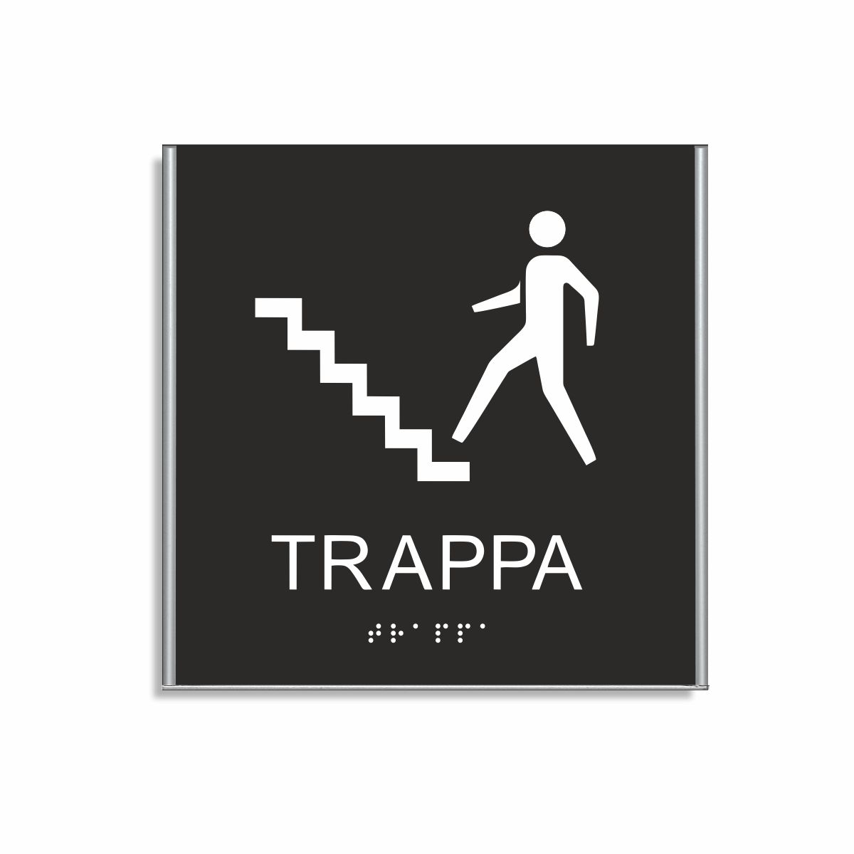 Svart och vit skylt för trappa i storlek 150 x 150 mm med en tunn aluminiumram, med piktogram av en person som går uppför en trappa, texten trappa står under symbolen och punktskrift längst ned