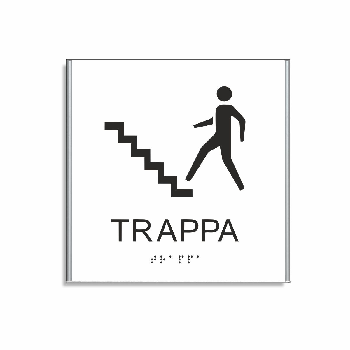 Vit och svart skylt för trappa i storlek 150 x 150 mm med en tunn aluminiumram, med piktogram av en person som går uppför en trappa, texten trappa står under symbolen och punktskrift längst ned