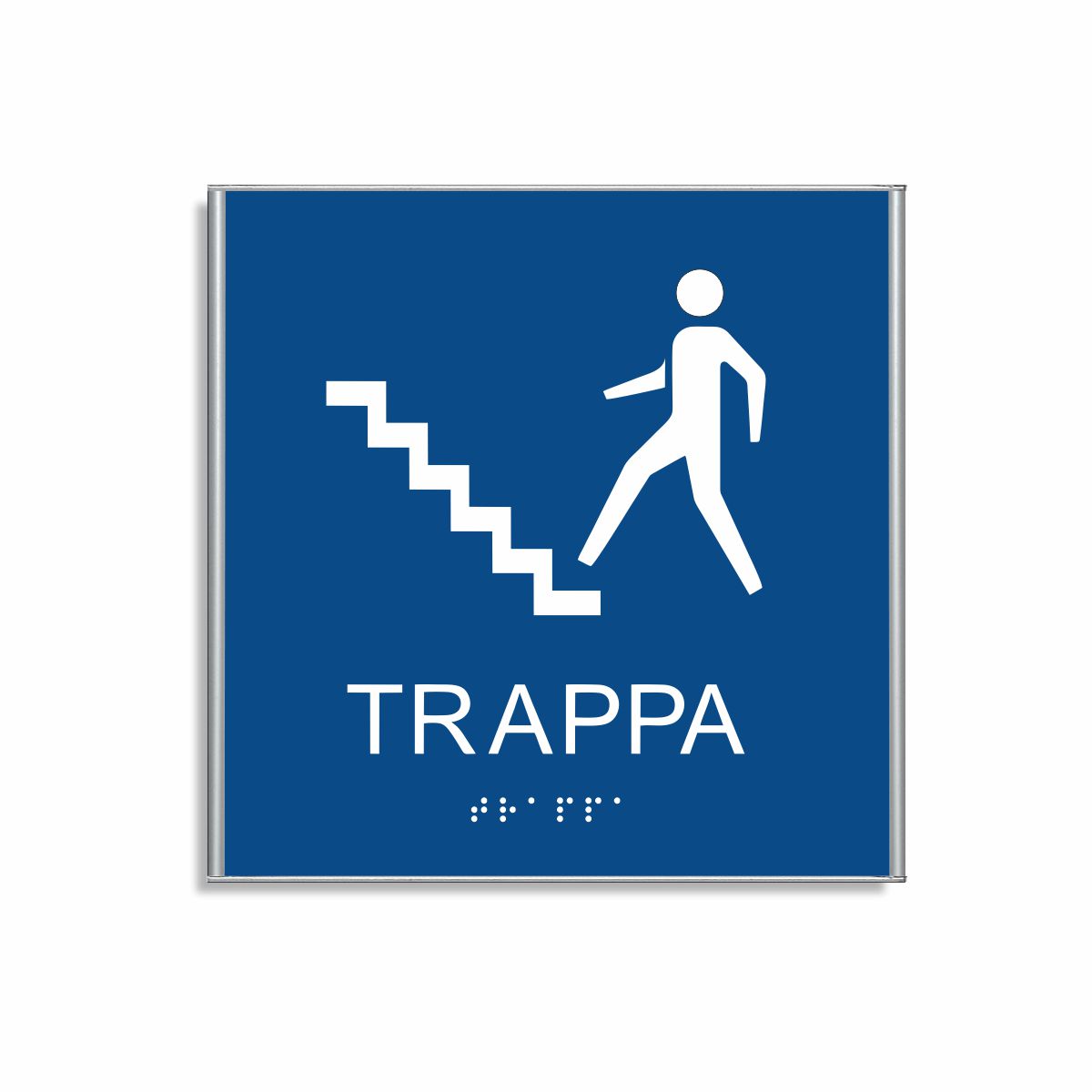 Blå och vit skylt för trappa i storlek 150 x 150 mm med en tunn aluminiumram, med piktogram av en person som går uppför en trappa, texten trappa står under symbolen och punktskrift längst ned