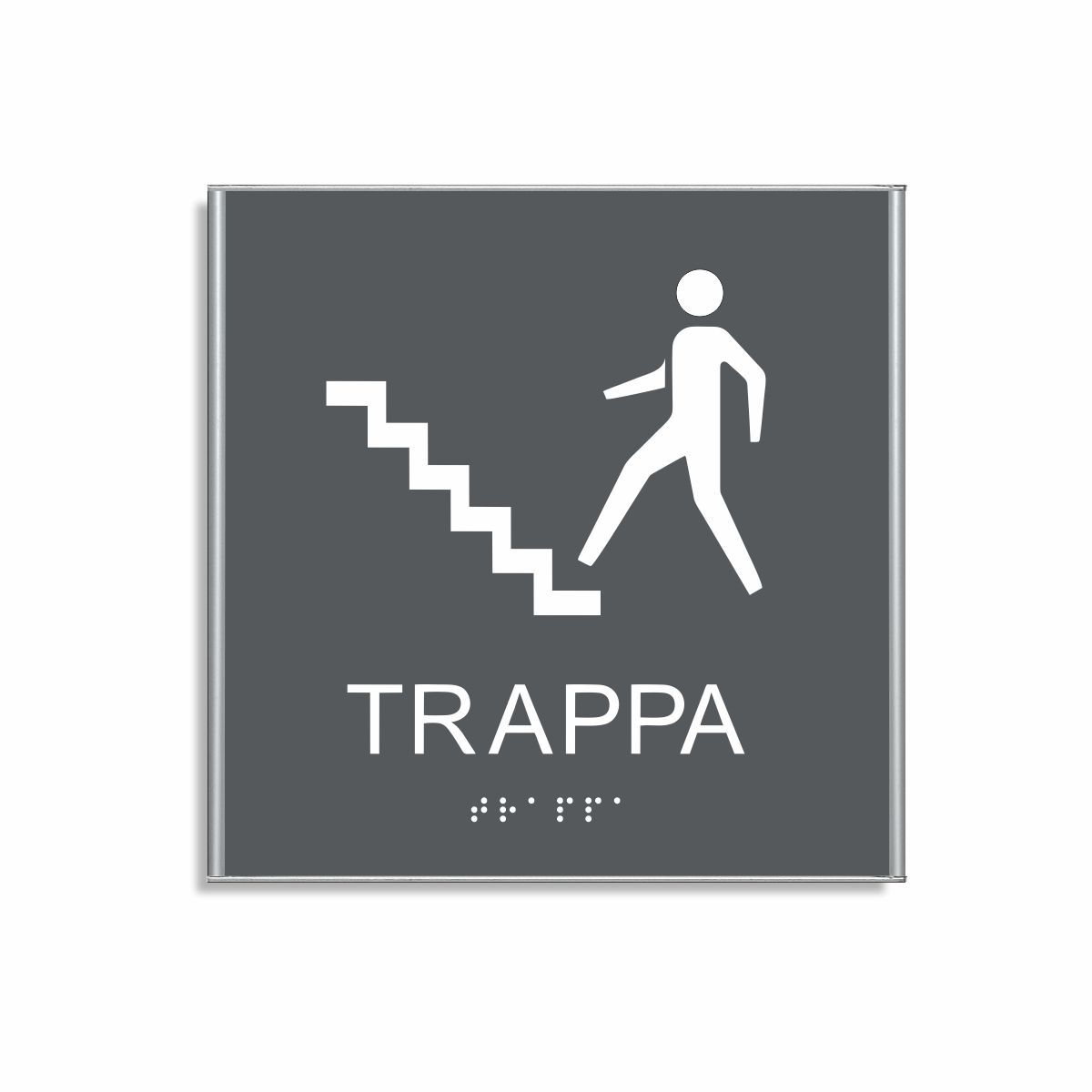 Charcoal grå och vit skylt för trappa i storlek 150 x 150 mm med en tunn aluminiumram, med piktogram av en person som går uppför en trappa, texten trappa står under symbolen och punktskrift längst ned