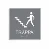 Grå och vit skylt för trappa i storlek 150 x 150 mm med en tunn aluminiumram, med piktogram av en person som går uppför en trappa, texten trappa står under symbolen och punktskrift längst ned