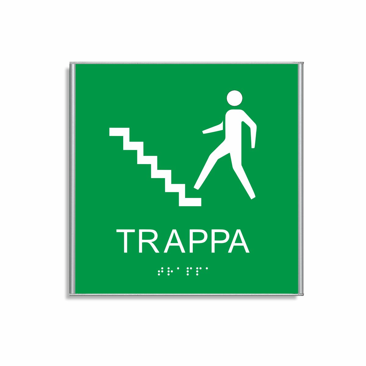 Grön och vit skylt för trappa i storlek 150 x 150 mm med en tunn aluminiumram, med piktogram av en person som går uppför en trappa, texten trappa står under symbolen och punktskrift längst ned